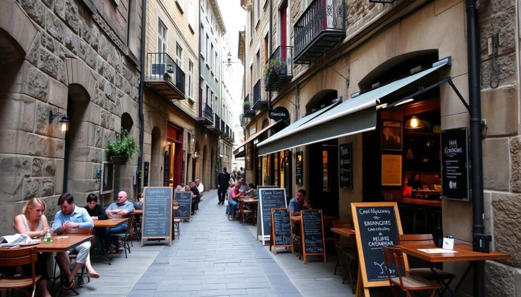 Calle con restaurantes en Santiago de Compostela