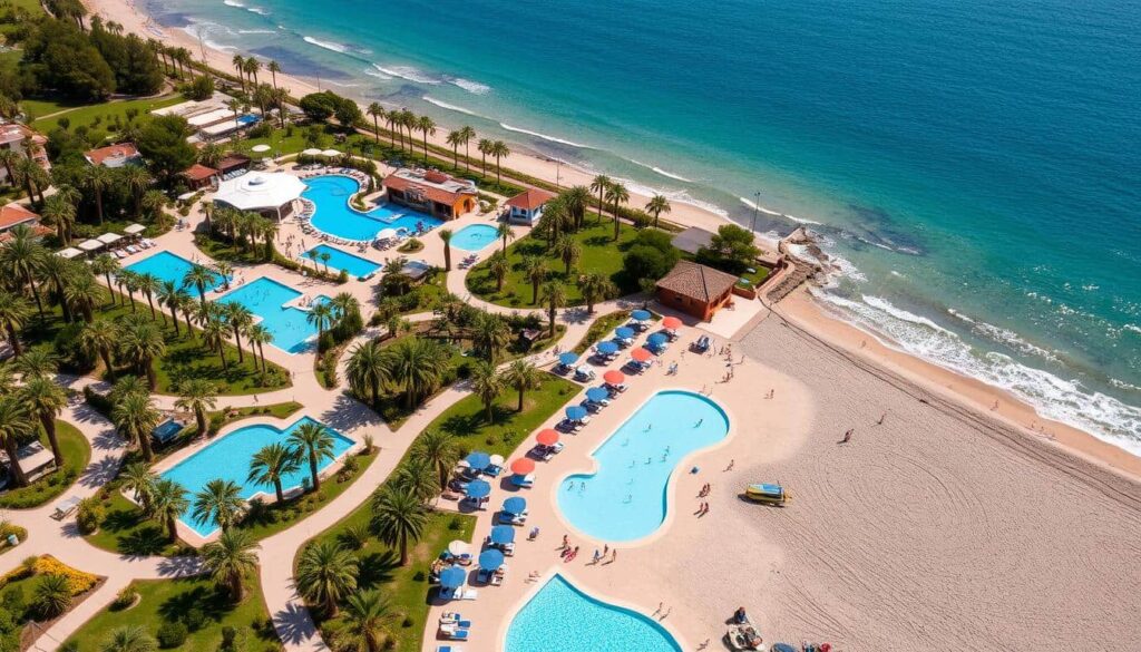 Camping Playa Montroig en la Costa Dorada con sus piscinas temáticas y bungalows de lujo