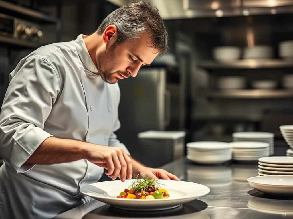 Chef Martín Berasategui preparando un plato en su restaurante, icono de los Restaurantes Estrella Michelin en Euskadi
