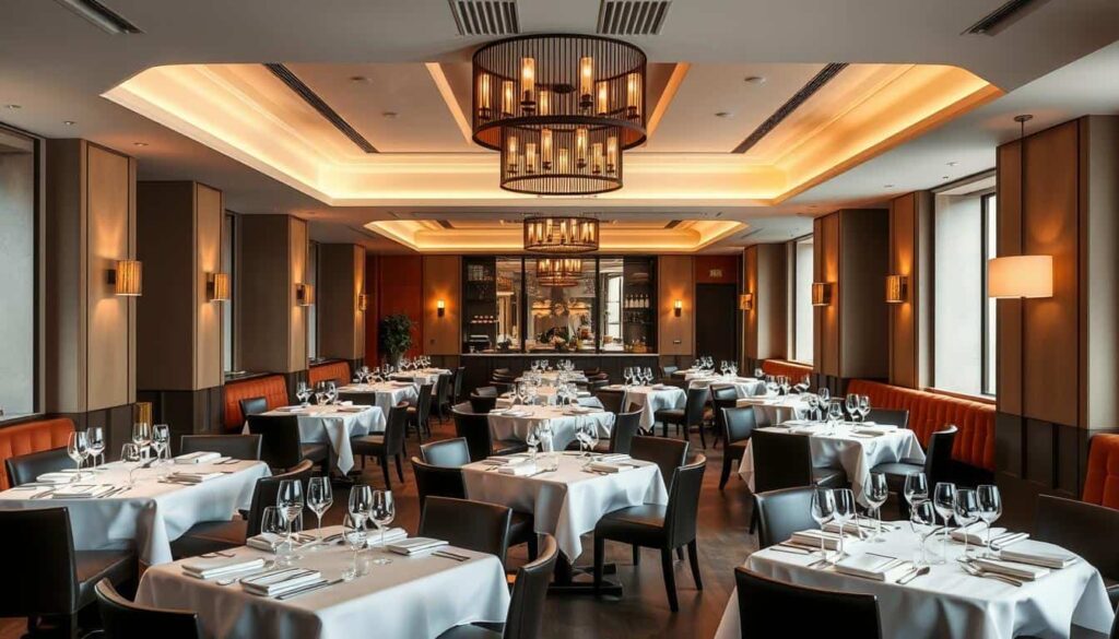 Comedor elegante de un restaurante con estrella Michelin en Euskadi preparado para el servicio Comedor elegante de un restaurante con estrella Michelin en Euskadi preparado para el servicio