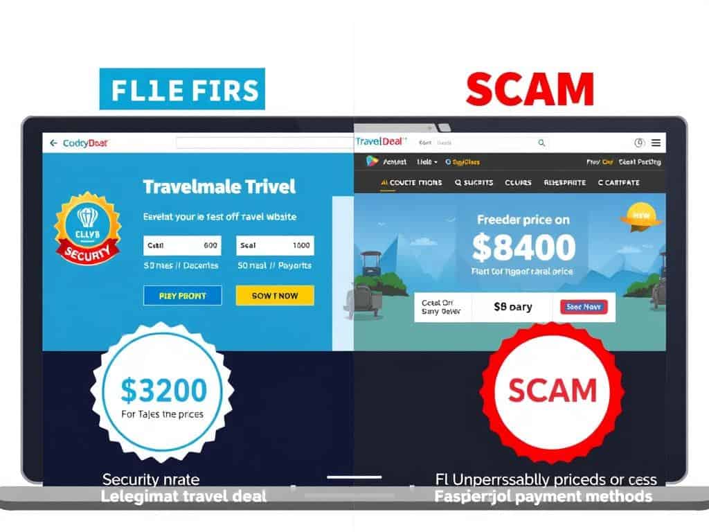 Comparación visual entre una oferta legítima y una estafa de viajes online