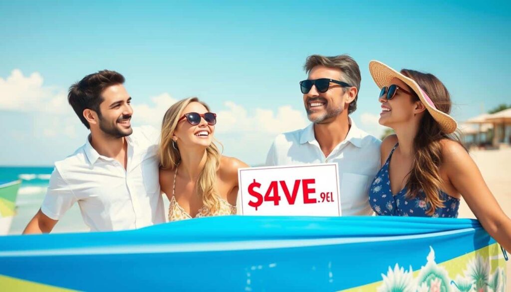 Familia feliz disfrutando de vacaciones conseguidas con ofertas de viajes por internet
