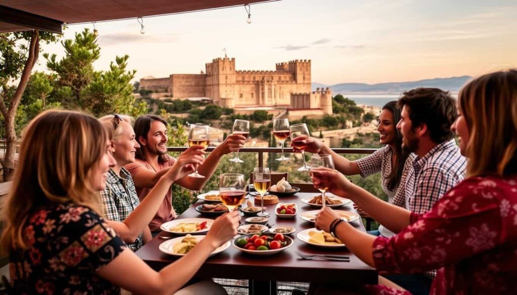 Grupo de amigos disfrutando de una comida en una terraza con vistas al castillo de Xàtiva Grupo de amigos disfrutando de una comida en una terraza con vistas al castillo de Xàtiva