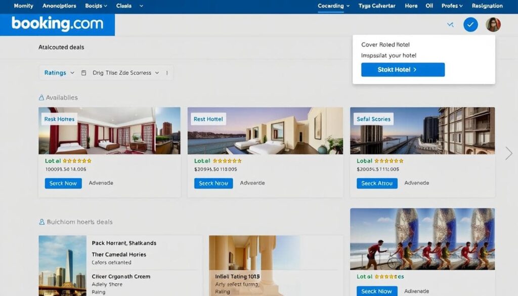 Interfaz de Booking.com mostrando ofertas de hoteles con descuentos
