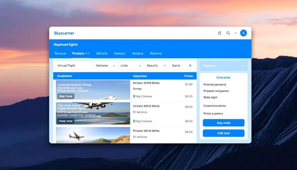 Interfaz de Skyscanner mostrando ofertas de vuelos internacionales