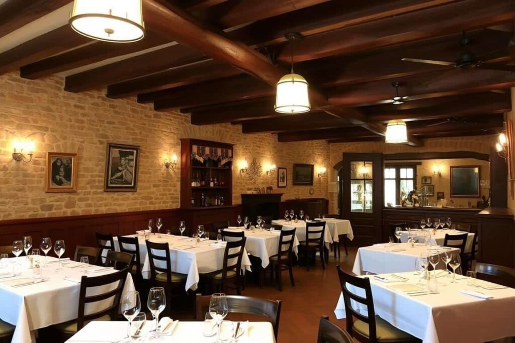 Interior de un restaurante tradicional burgalés con decoración rústica