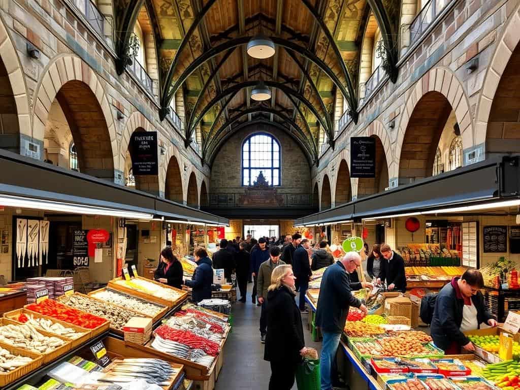 Interior del Mercado de Abastos de Santiago de Compostela donde comer productos frescos