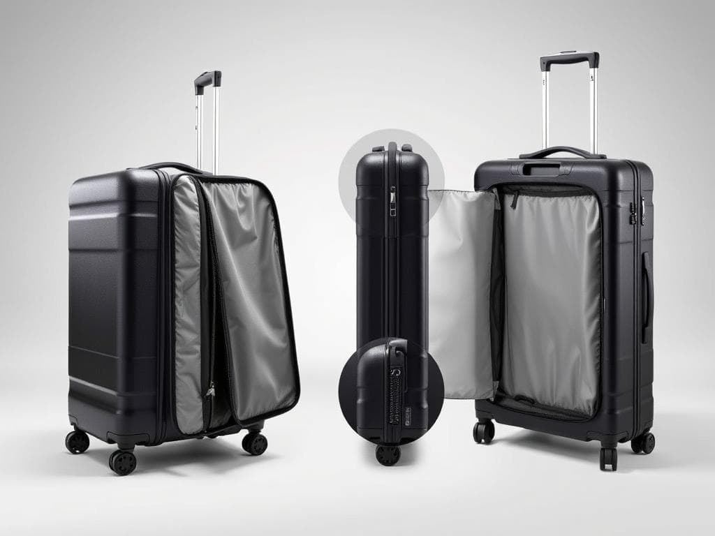 Maleta Amazon Basics Rígida Expandible negra mostrando su sistema de expansión y ruedas para viajes en avión