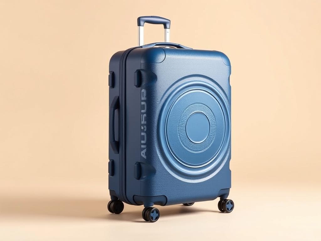Maleta American Tourister Soundbox azul mostrando sus ruedas y sistema de expansión para viajes en avión