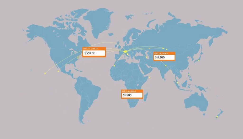 Mapa mundial mostrando rutas de vuelo con ofertas especiales destacadas