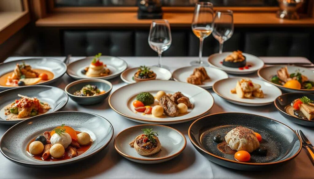 Mesa con diversos platos representativos de los Restaurantes Estrella Michelin en Euskadi Mesa con diversos platos representativos de los Restaurantes Estrella Michelin en Euskadi