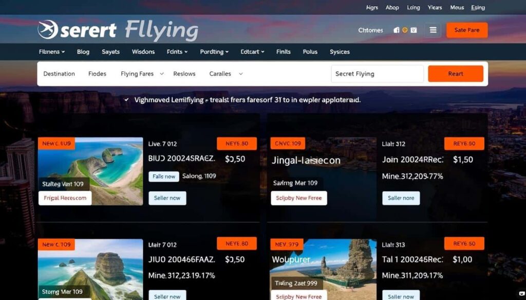 Página de ofertas de Secret Flying mostrando vuelos internacionales con grandes descuentos