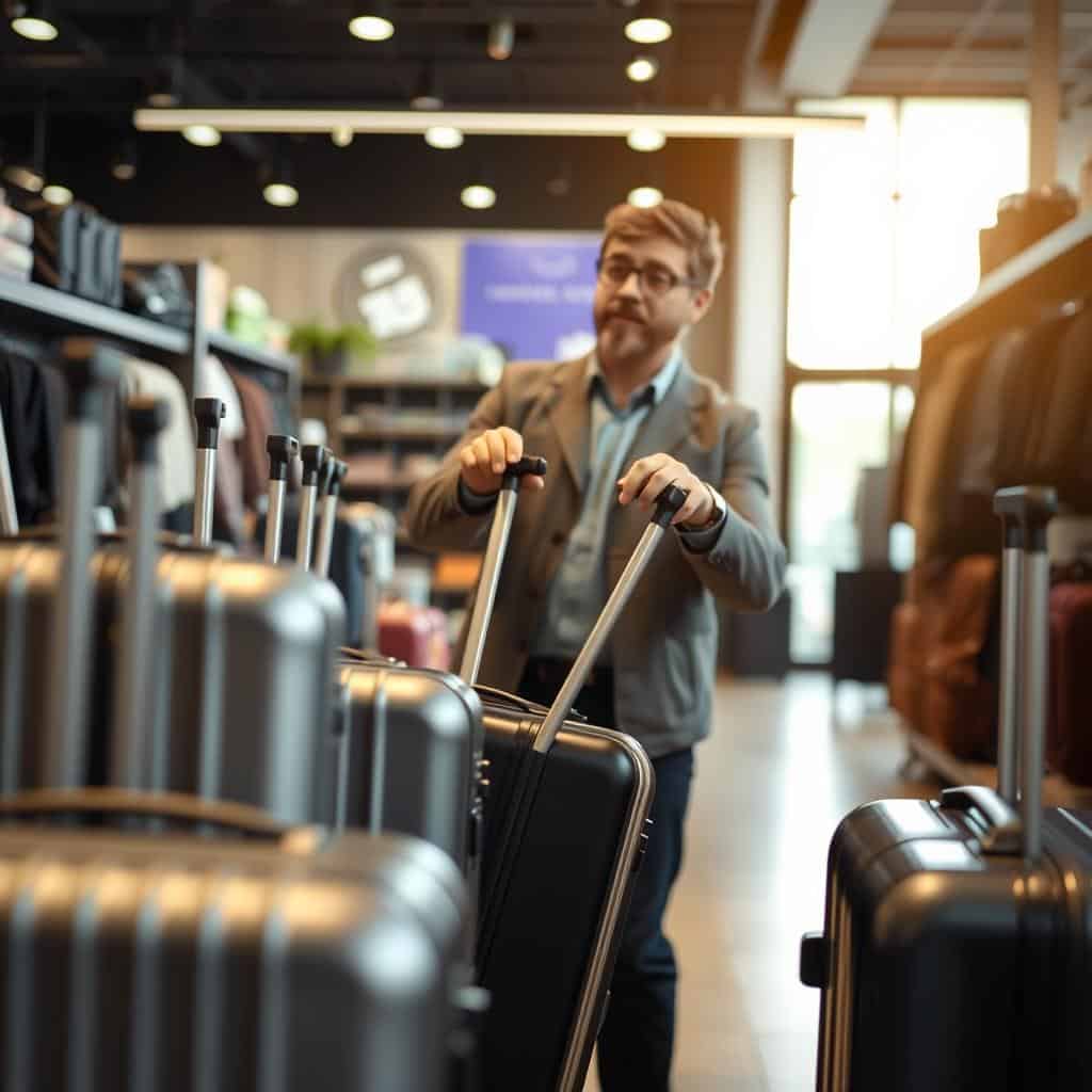 Persona comparando diferentes tipos de maletas de equipaje para avión en una tienda