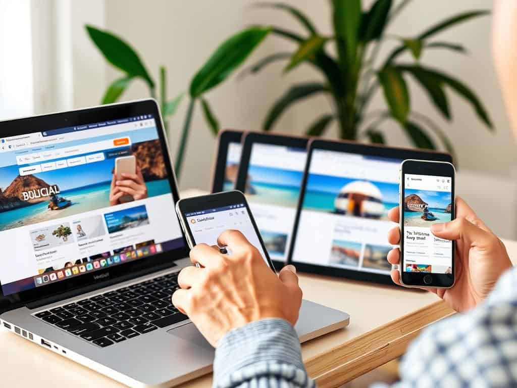 Persona utilizando múltiples dispositivos para buscar ofertas de viajes simultáneamente