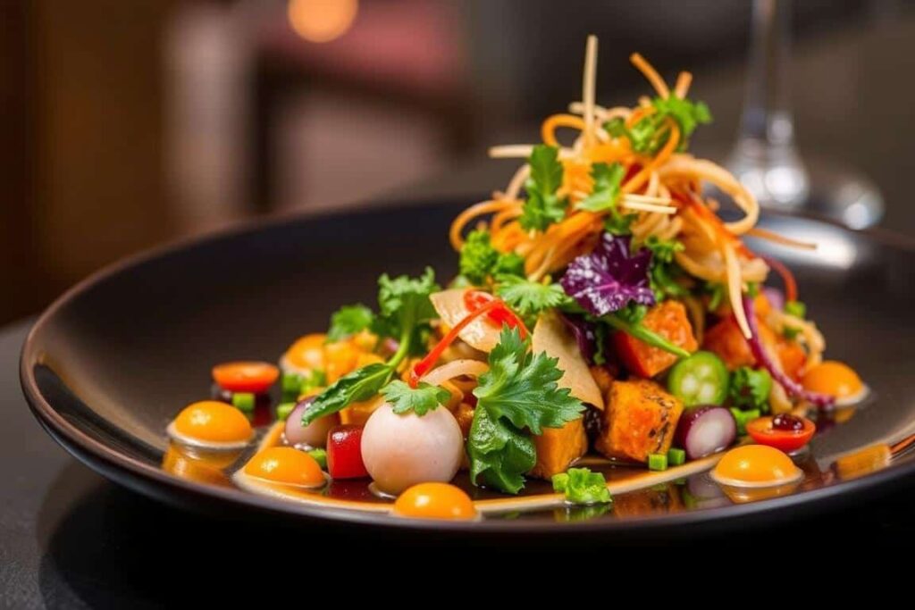 Plato de fusión en Ganesh Cocina Ecléctica con presentación colorida y moderna Plato de fusión en Ganesh Cocina Ecléctica con presentación colorida y moderna
