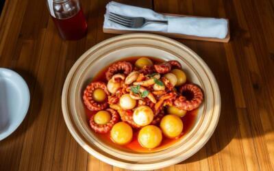 Plato de pulpo á feira, uno de los platos más típicos donde comer en Santiago de Compostela