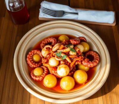Plato de pulpo á feira, uno de los platos más típicos donde comer en Santiago de Compostela
