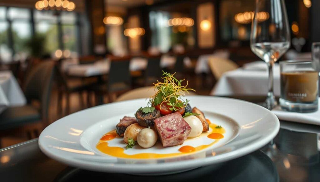 Plato gourmet en un restaurante con estrella Michelin en Santiago de Compostela