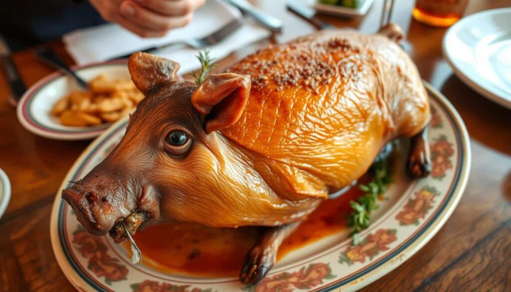 Plato tradicional de cochinillo asado, especialidad gastronómica de Pedraza