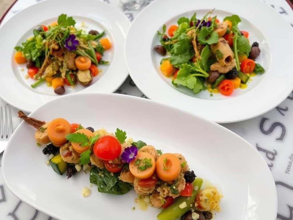 Platos vegetarianos coloridos y creativos servidos en un restaurante de Xàtiva Platos vegetarianos coloridos y creativos servidos en un restaurante de Xàtiva