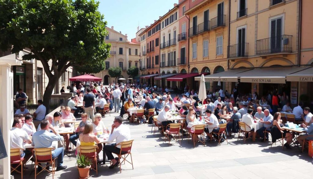 Plaza del mercado de Xàtiva con terrazas de restaurantes llenas durante la hora de la comida Plaza del mercado de Xàtiva con terrazas de restaurantes llenas durante la hora de la comida
