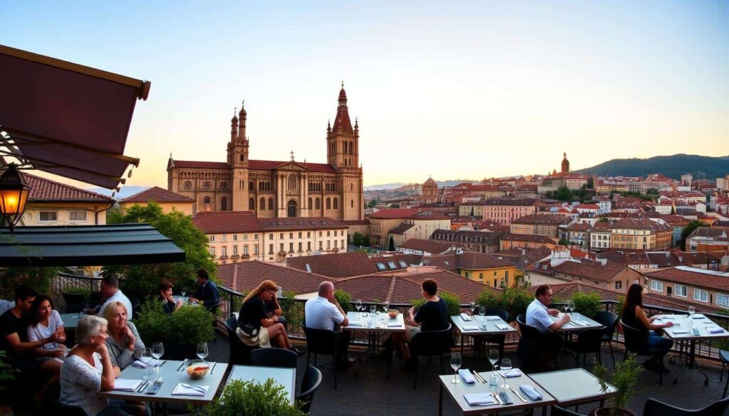 Vista de la Catedral de Santiago con terrazas de restaurantes en primer plano