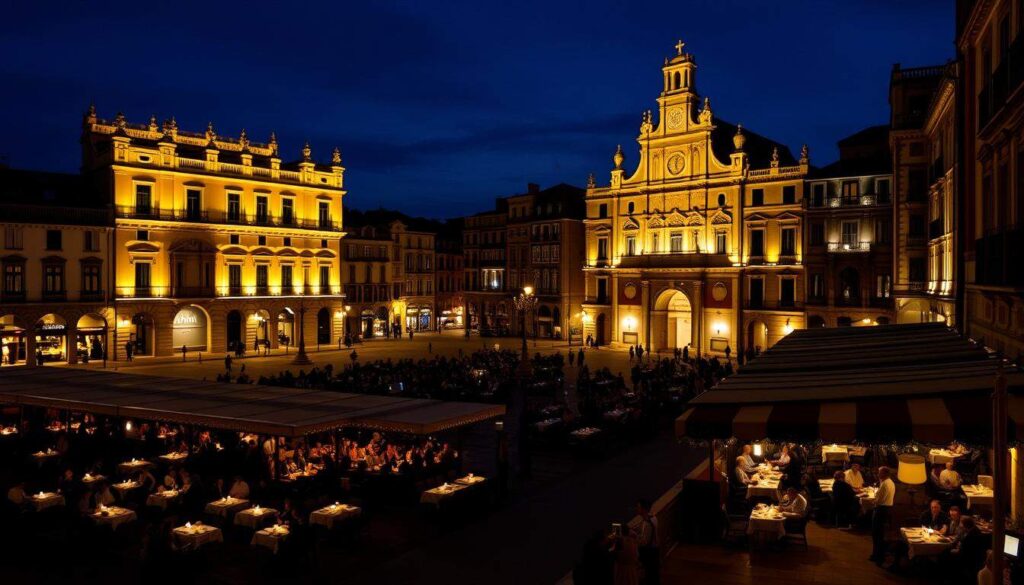 Vista nocturna de la Plaza Mayor de Burgos con sus restaurantes iluminados