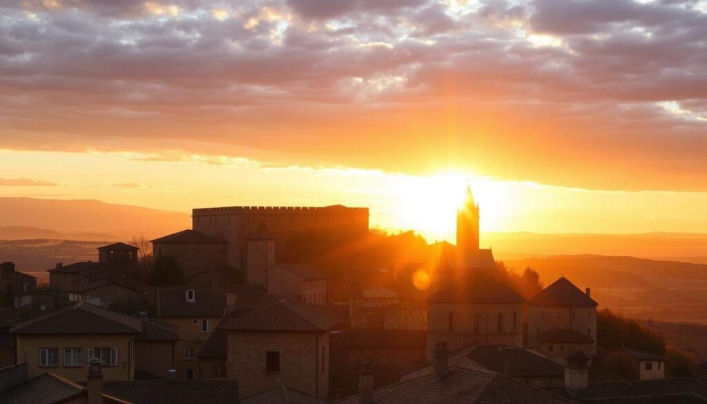 Vista panorámica de Pedraza al atardecer con el sol iluminando sus edificios medievales