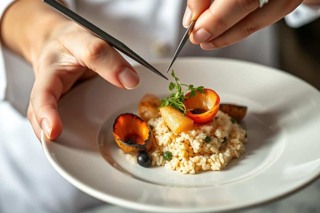 Chef valenciano preparando un plato de alta cocina con productos locales