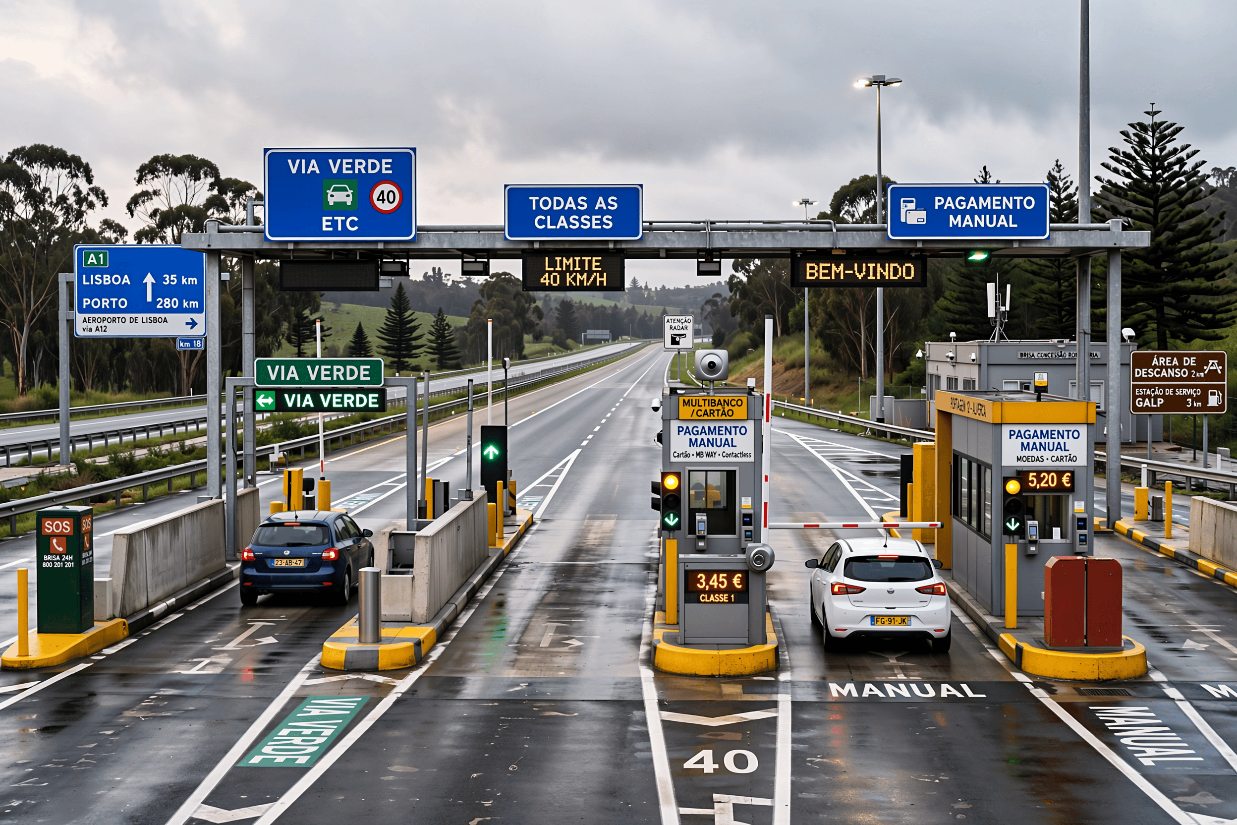 Autopista portuguesa con pórtico de peaje electrónico sin barrera