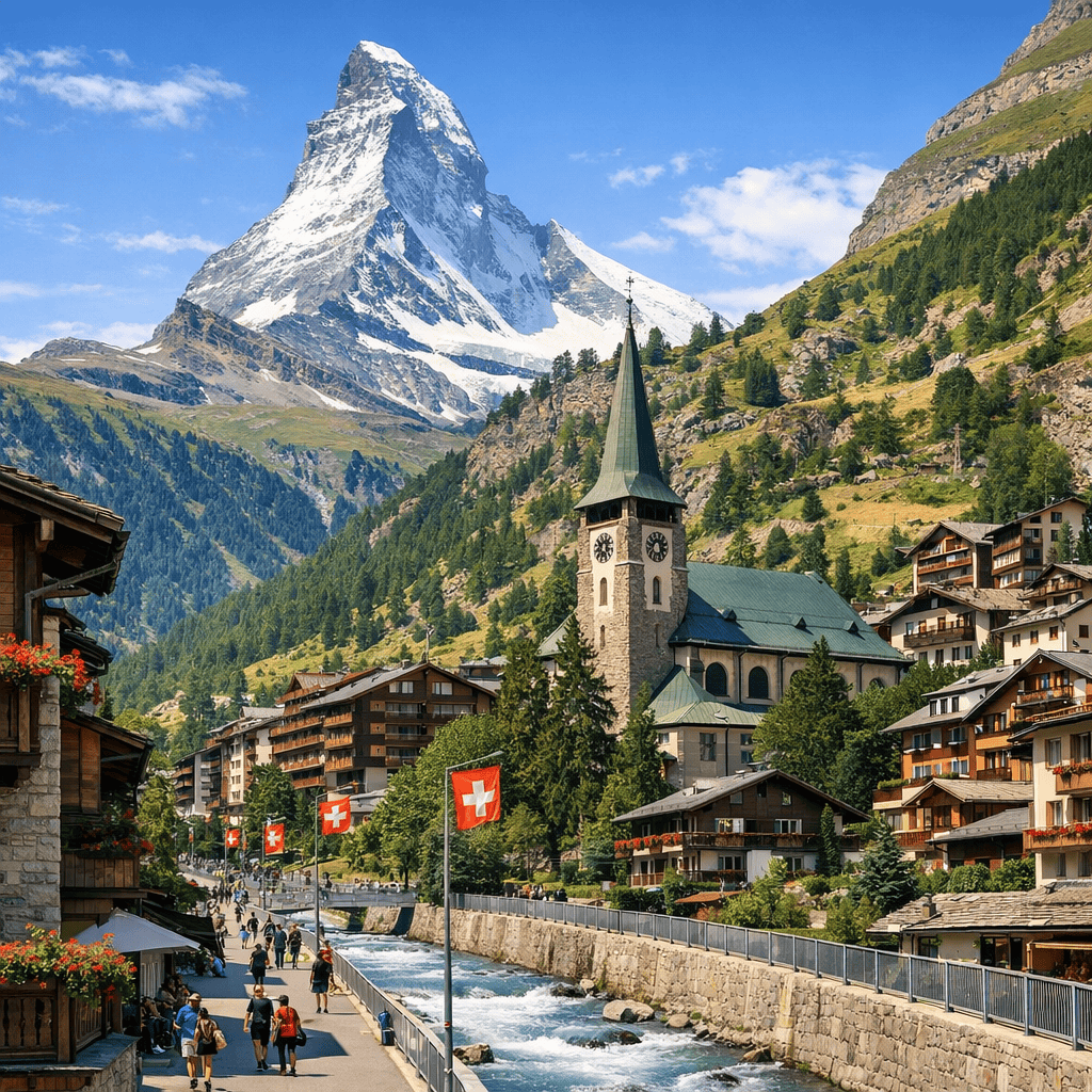 Zermatt pueblo alpino suizo libre de coches — calles peatonales con el Matterhorn al fondo