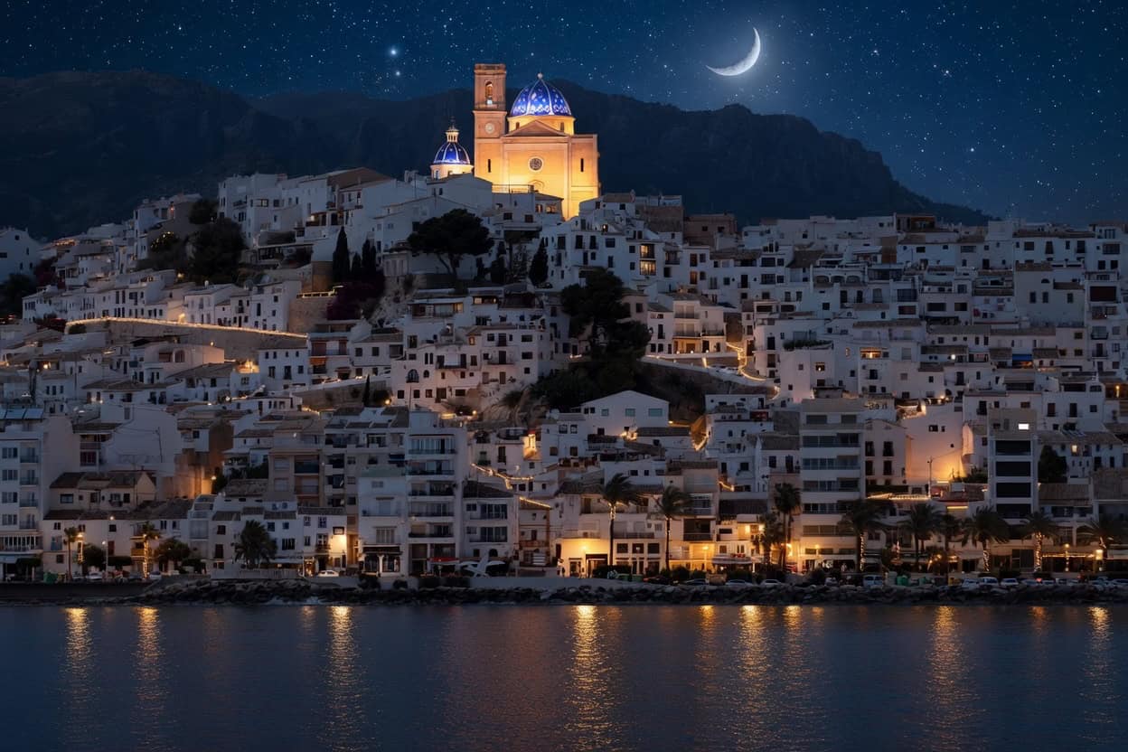 Altea iluminada al atardecer y de noche desde el Mediterráneo