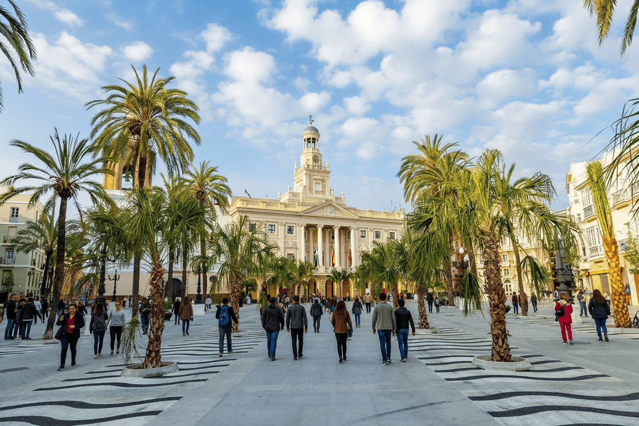 Cádiz con ambiente y cielo nublado