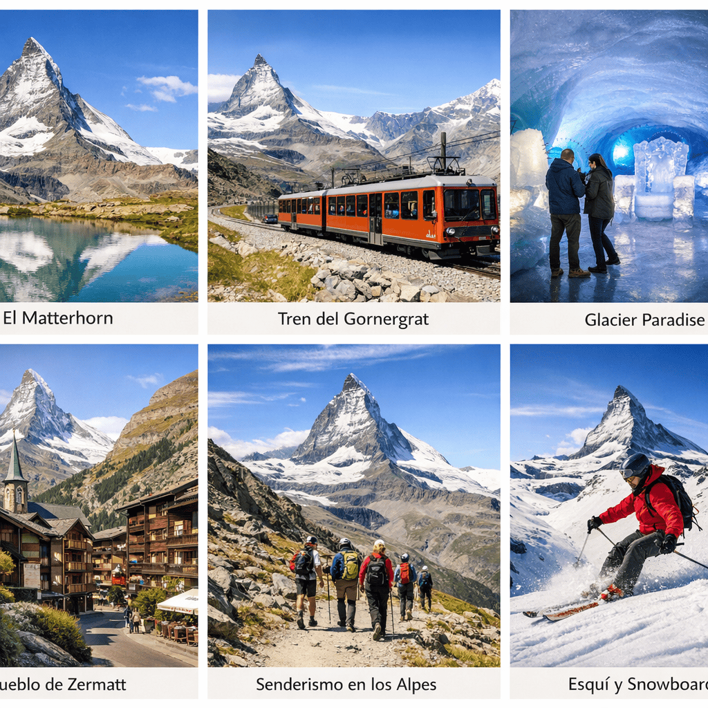 Qué ver en Zermatt — el Matterhorn visto desde el pueblo con las casas alpinas suizas en primer plano