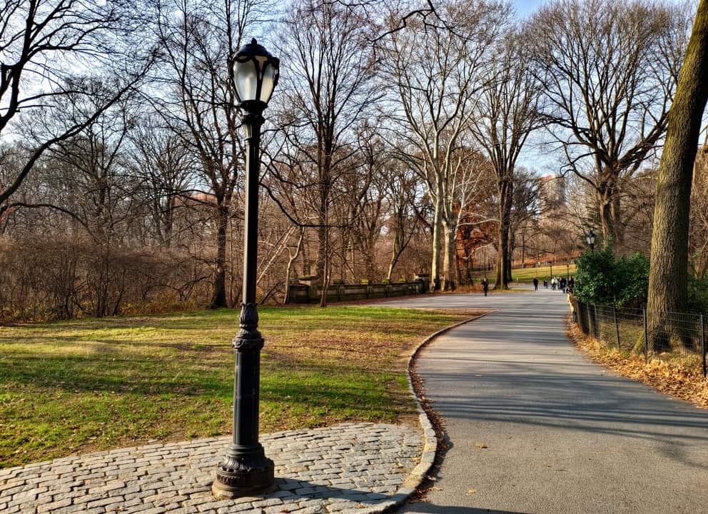 Central Park Nueva York al amanecer con Bow Bridge y el skyline de Manhattan