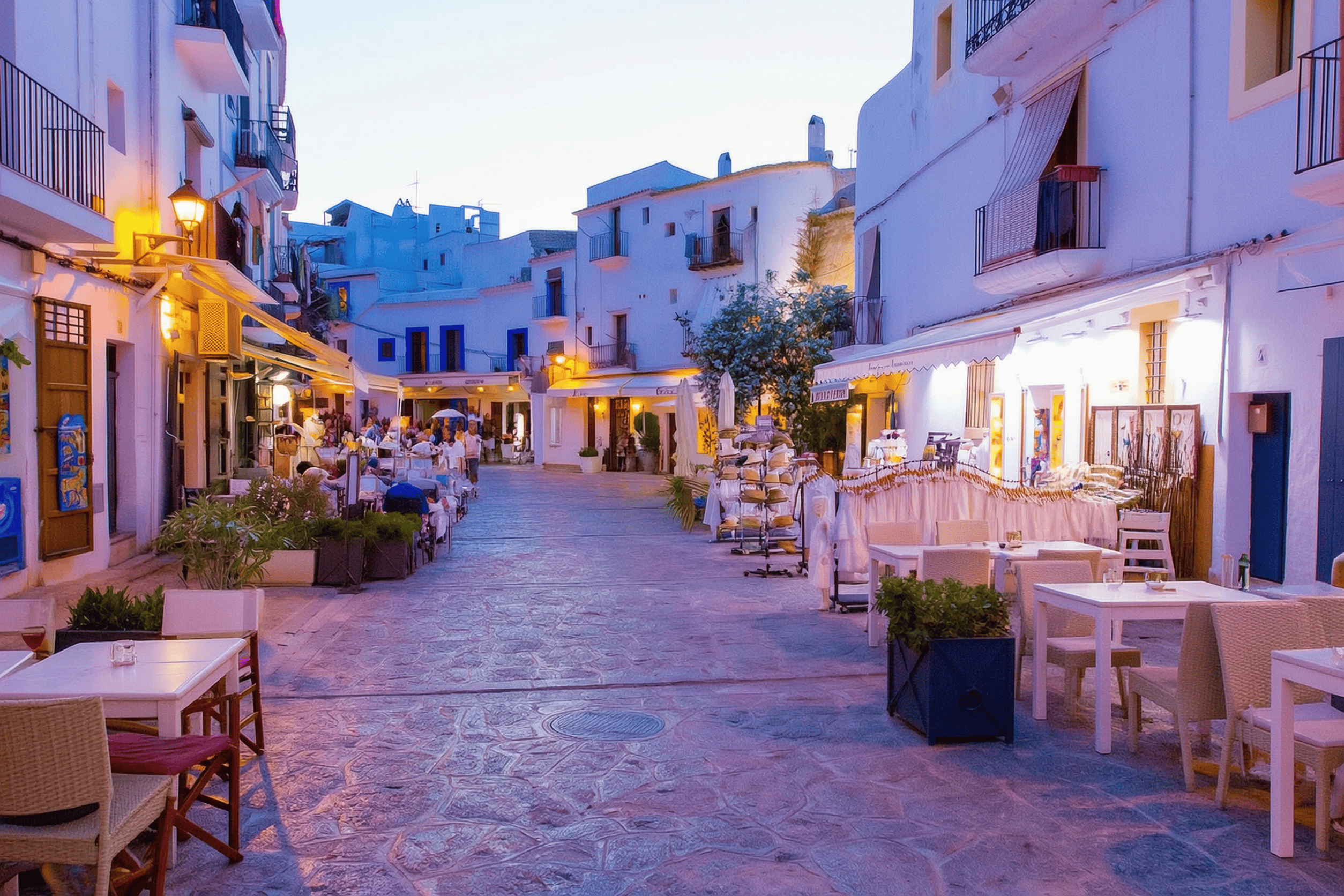 Calle con terrazas de restaurantes en el barrio de La Marina, Ibiza, al anochecer