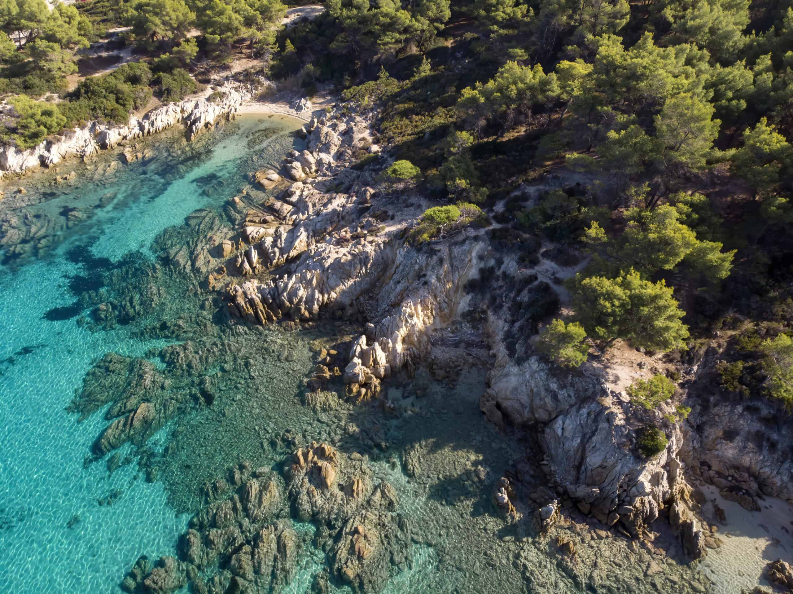 Vista aérea de calas mediterráneas con agua transparente y vegetación