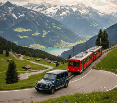 Paisaje alpino con tren rojo y coche en carretera en Suiza.