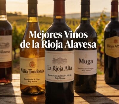 Selección de vinos de la Rioja Alavesa en un viñedo al atardecer.