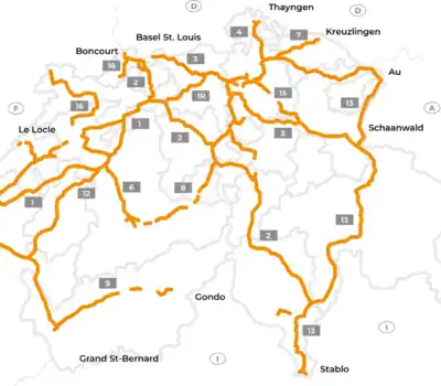 Mapa de Suiza mostrando rutas principales y ciudades destacadas.