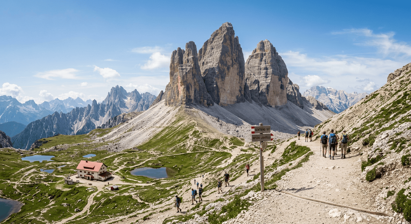 Senderistas en la ruta a Tre Cime di Lavaredo en temporada alta
