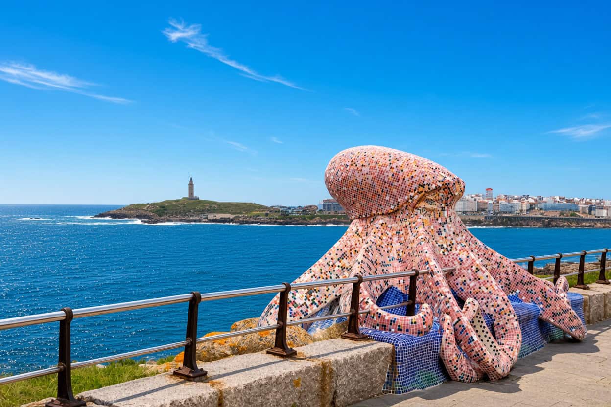 Pulpo de mosaico en el paseo marítimo de A Coruña con la Torre de Hércules al fondo