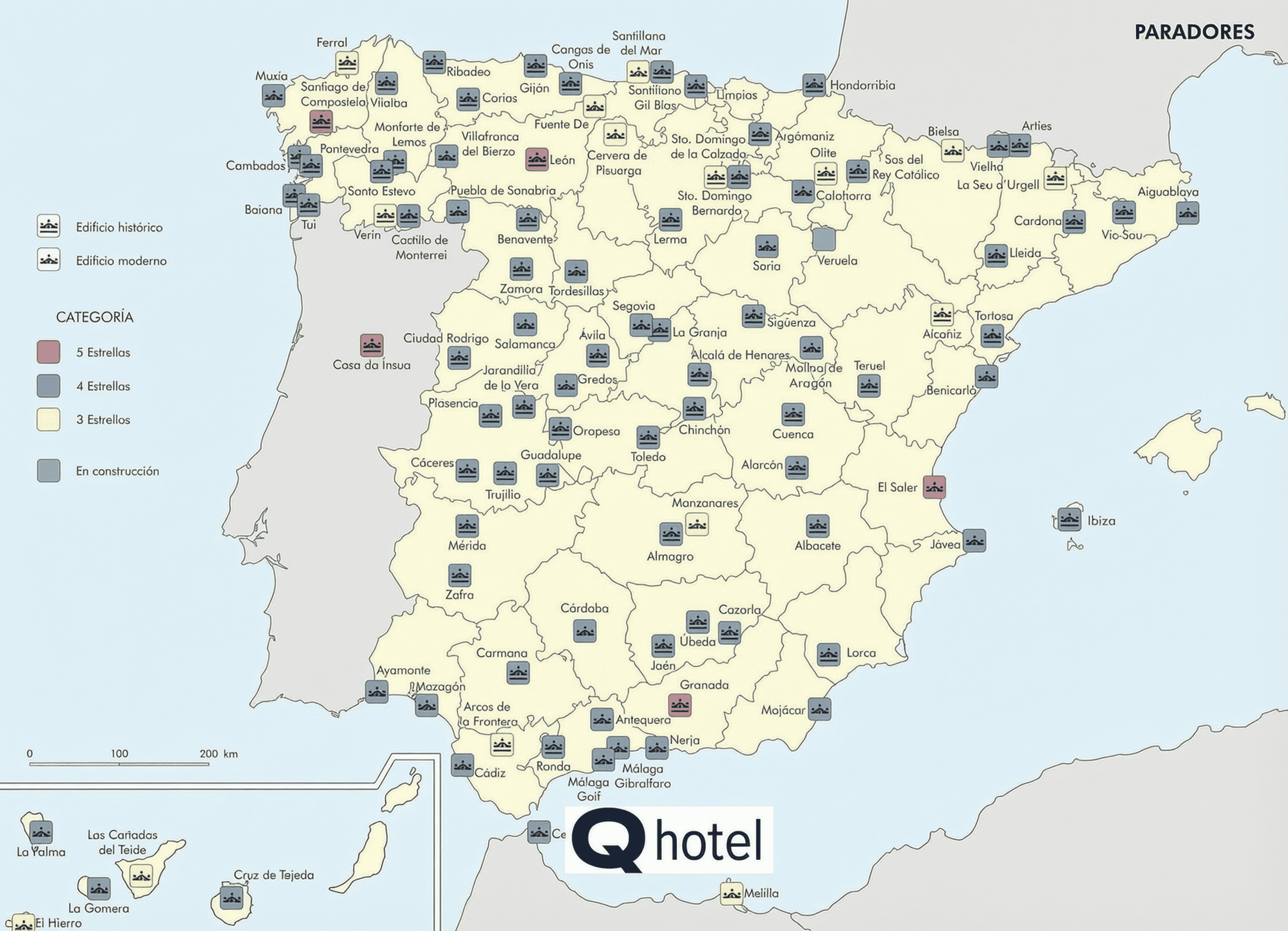 Mapa de los Paradores de España por categoría: 5, 4 y 3 estrellas, edificios históricos y modernos